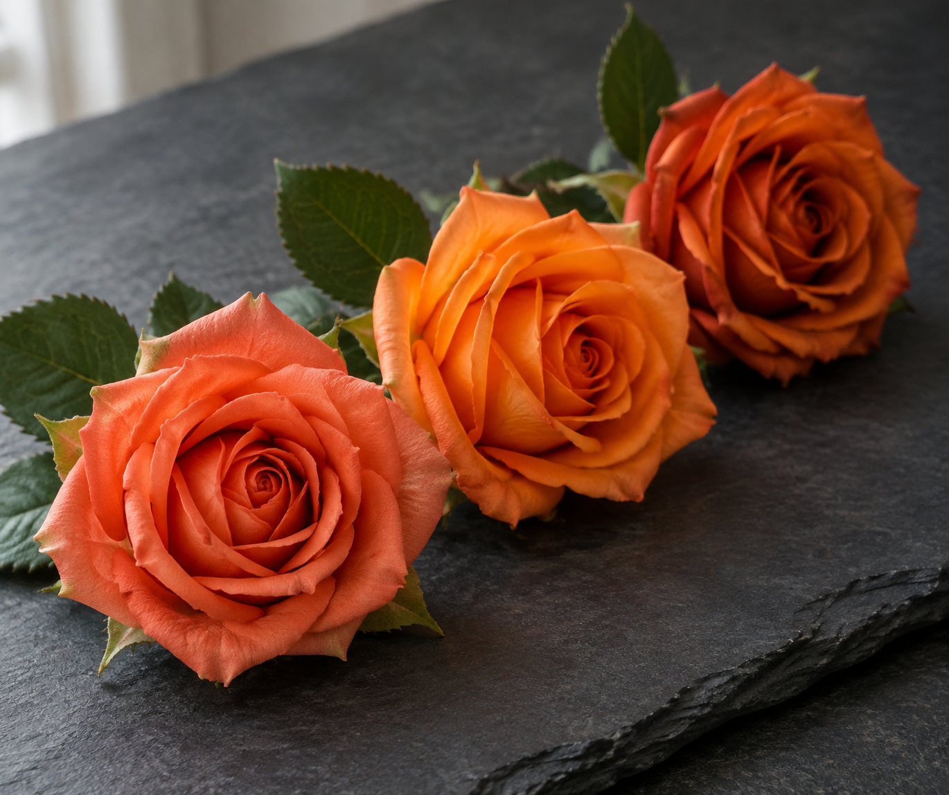 Coral, tangerine and burnt orange artificial roses in a row on slate