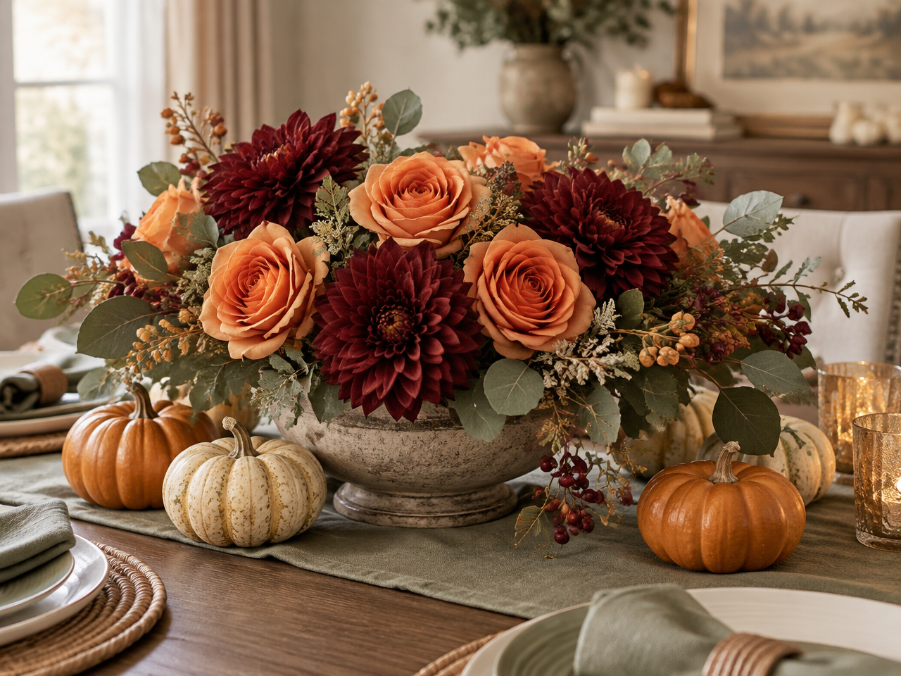 Orange roses grouped with mini pumpkins and deep burgundy dahlias for an October table