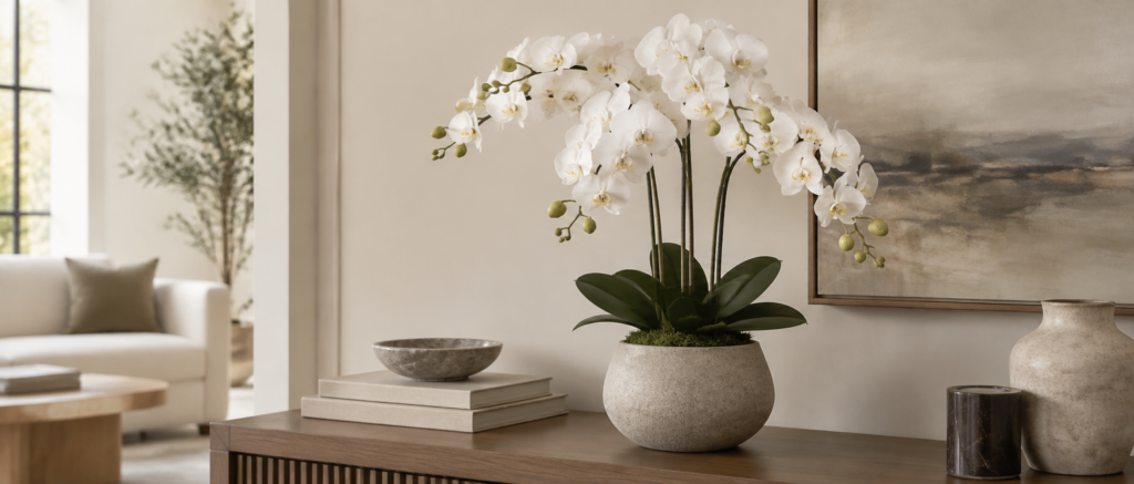 White artificial phalaenopsis orchid in a stone pot on a console table