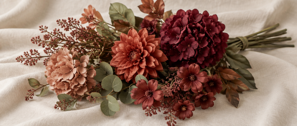 Artificial flowers in terracotta and wine tones fanned on neutral fabric