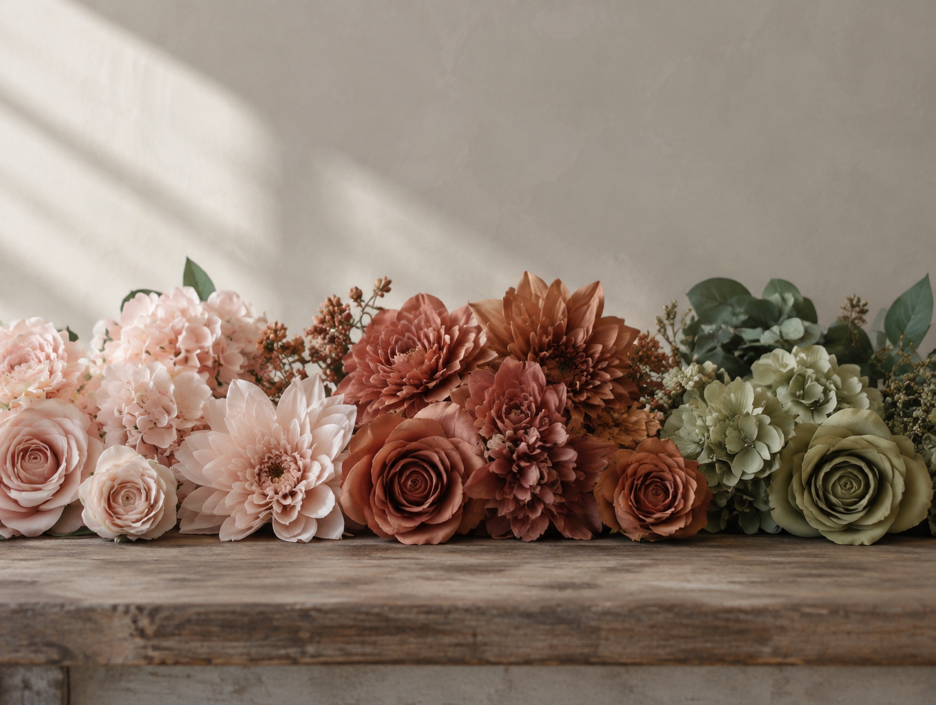 Artificial flower heads in a gradient from blush to terracotta to sage