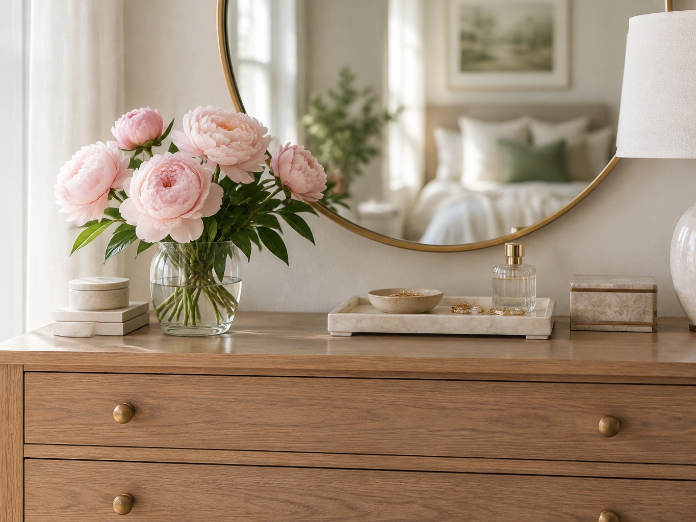 Pink peony arrangement in a speckled ceramic vase on a wooden nightstand beside a lit table lamp, styled against white bedroom bedding where it holds its design year-round