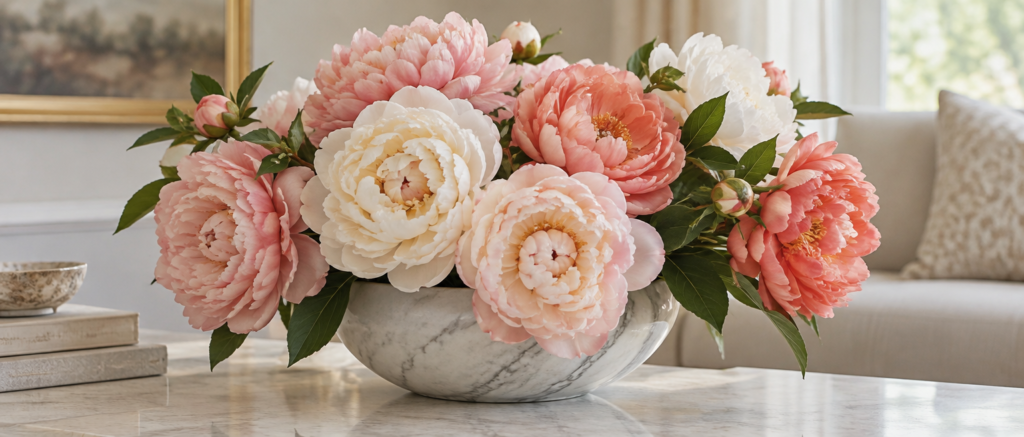 Artificial silk peonies in blush, cream and coral in a low marble bowl