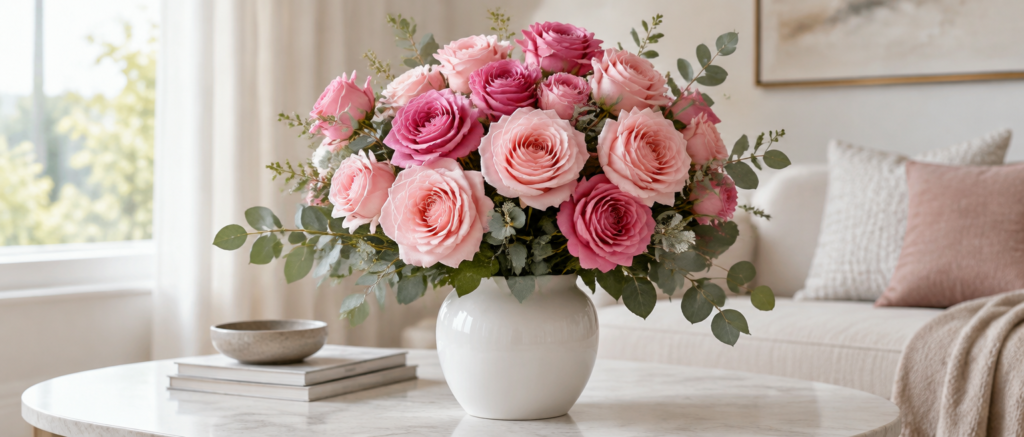 Artificial pink silk roses from blush to deep pink with eucalyptus in a white vase