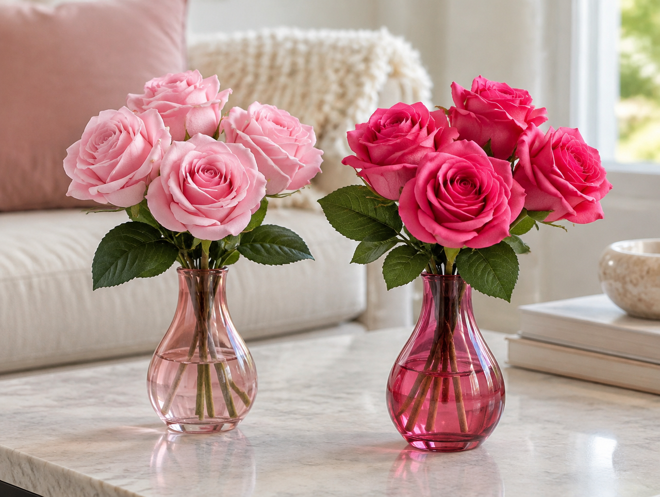 Light pink and hot pink artificial roses in matching bud vases