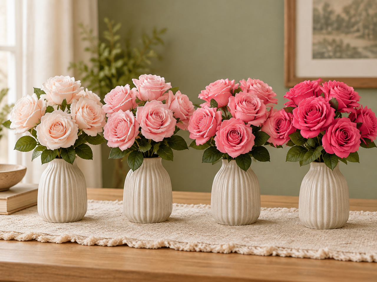 Artificial roses in four pink shades from pale blush to hot pink arranged in a gradient row