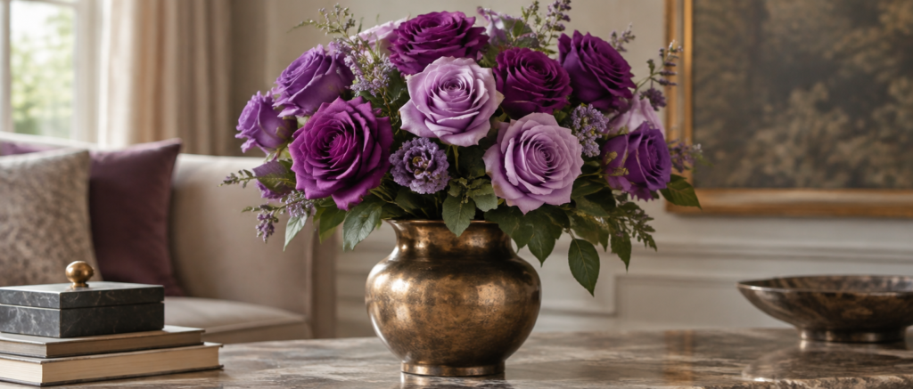 Artificial purple silk roses from lavender to deep violet in a bronze vase