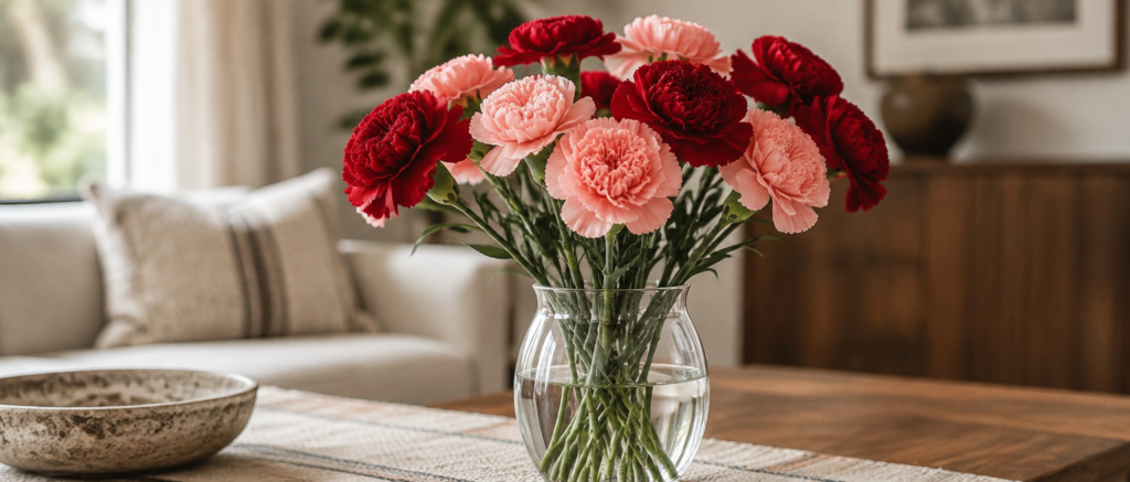 Deep crimson and pale scarlet artificial carnations in a glass vase