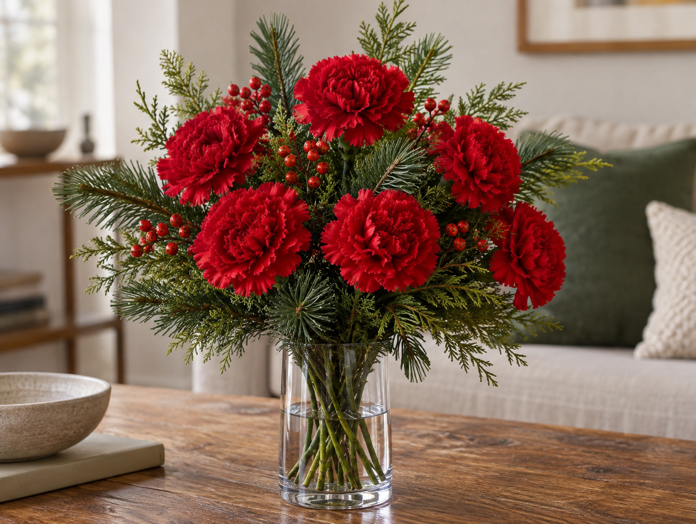 Artificial red carnations with evergreen sprigs as a celebration bouquet