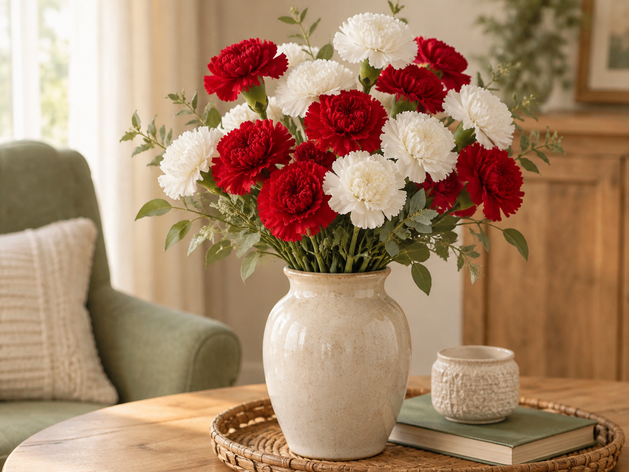 Red and white artificial carnations together in a vase for Mother's Day, one color for a living mother