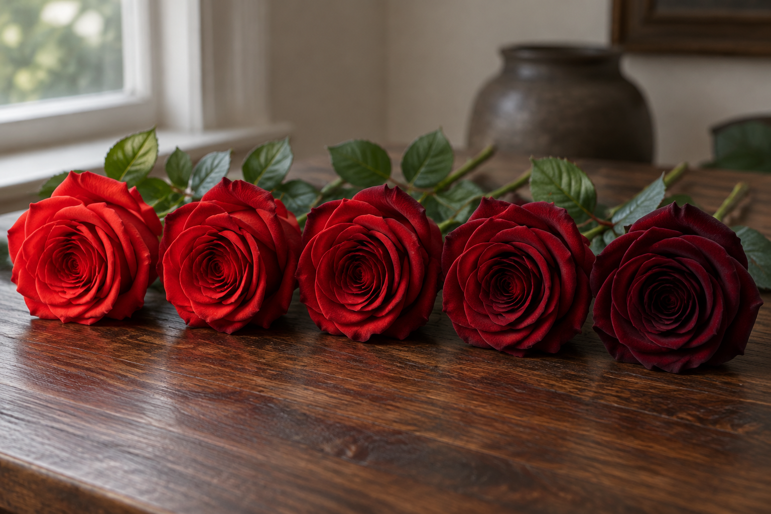 Five artificial red roses from scarlet to burgundy on dark wood
