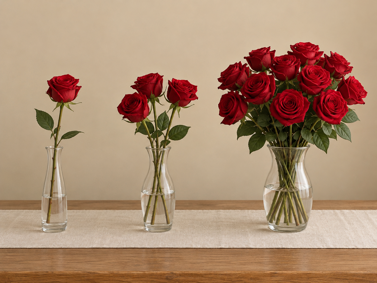 One red rose, a trio and a full dozen in separate vases, the red rose stem count grammar