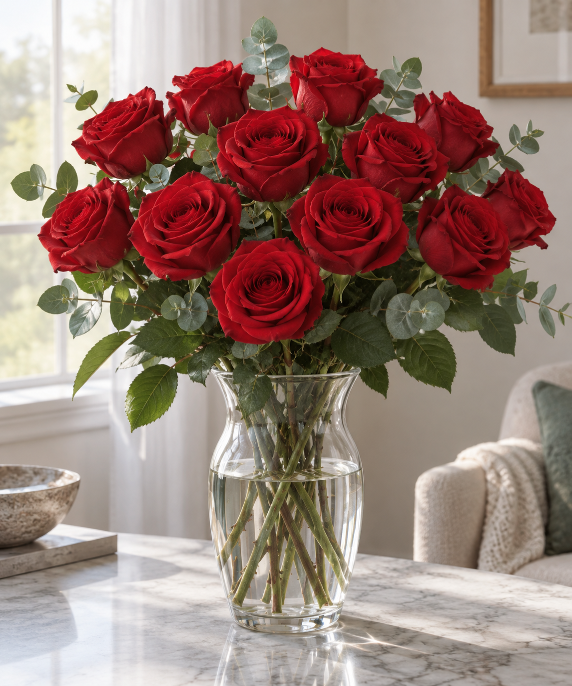 A dozen artificial red silk roses in a clear glass vase