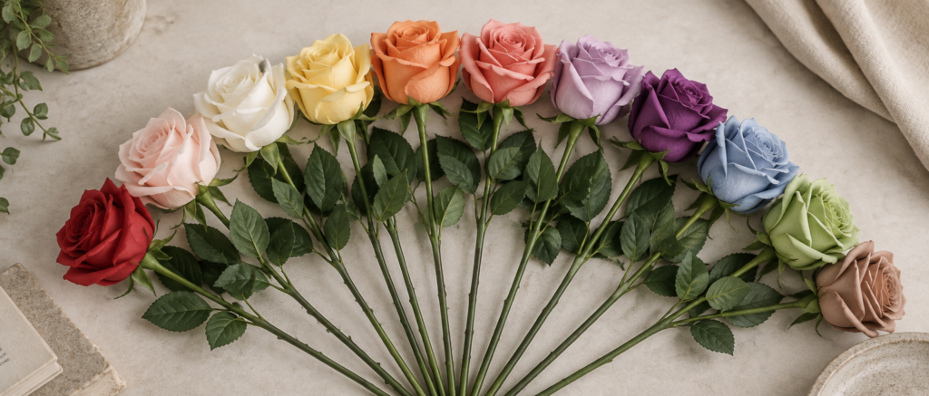 Twelve artificial silk roses in different colors arranged in a fan