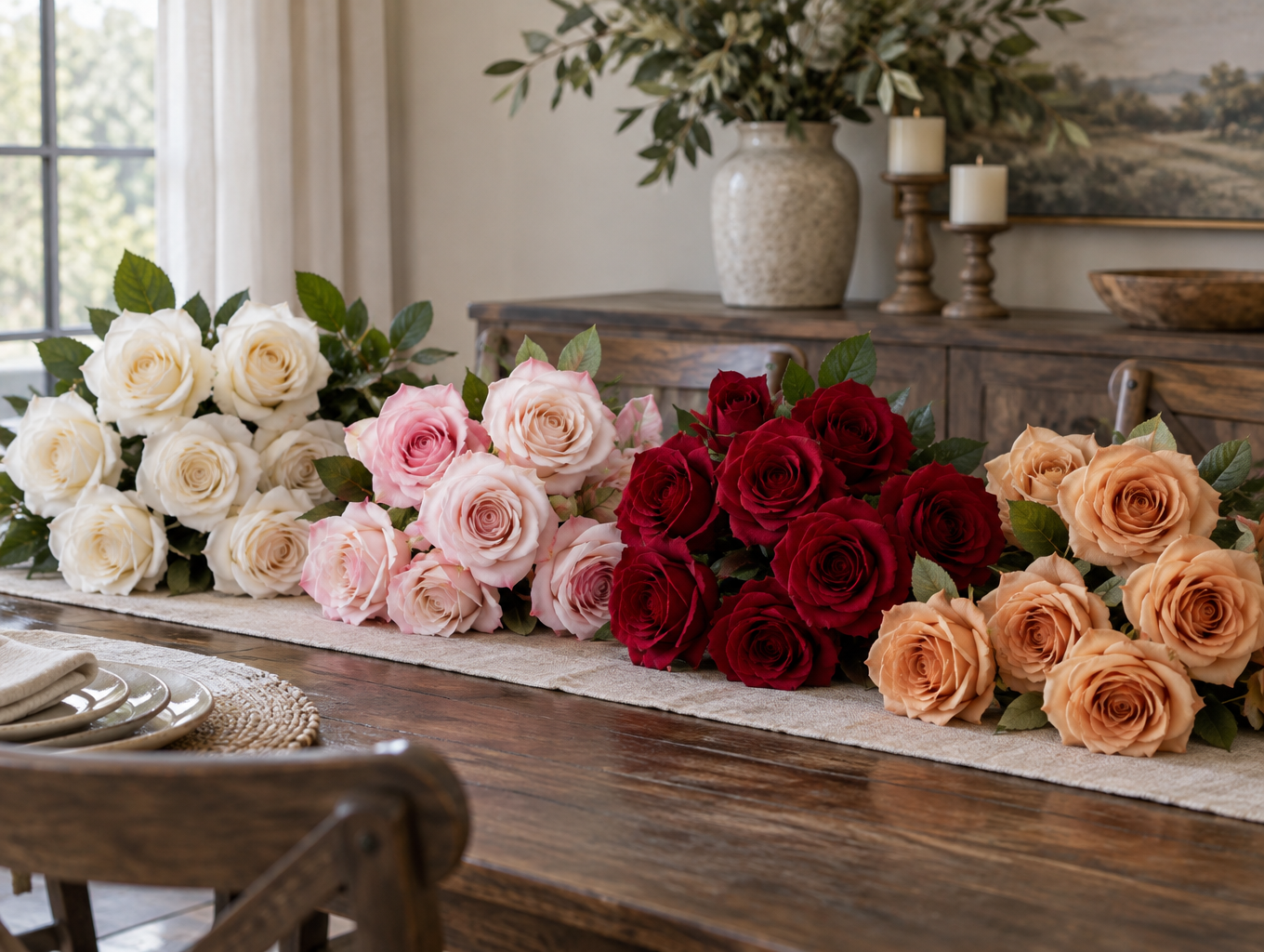 Artificial silk roses grouped by color across a table runner