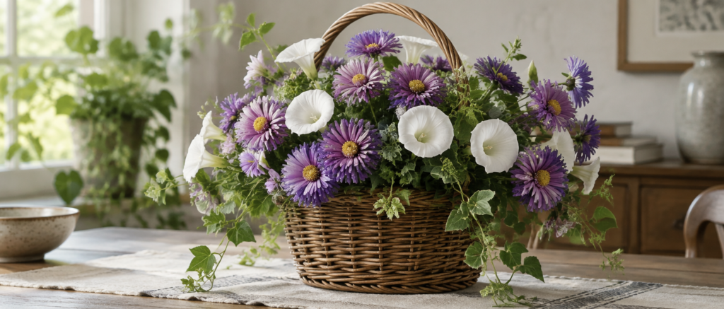 Artificial purple asters and white morning glories in a basket