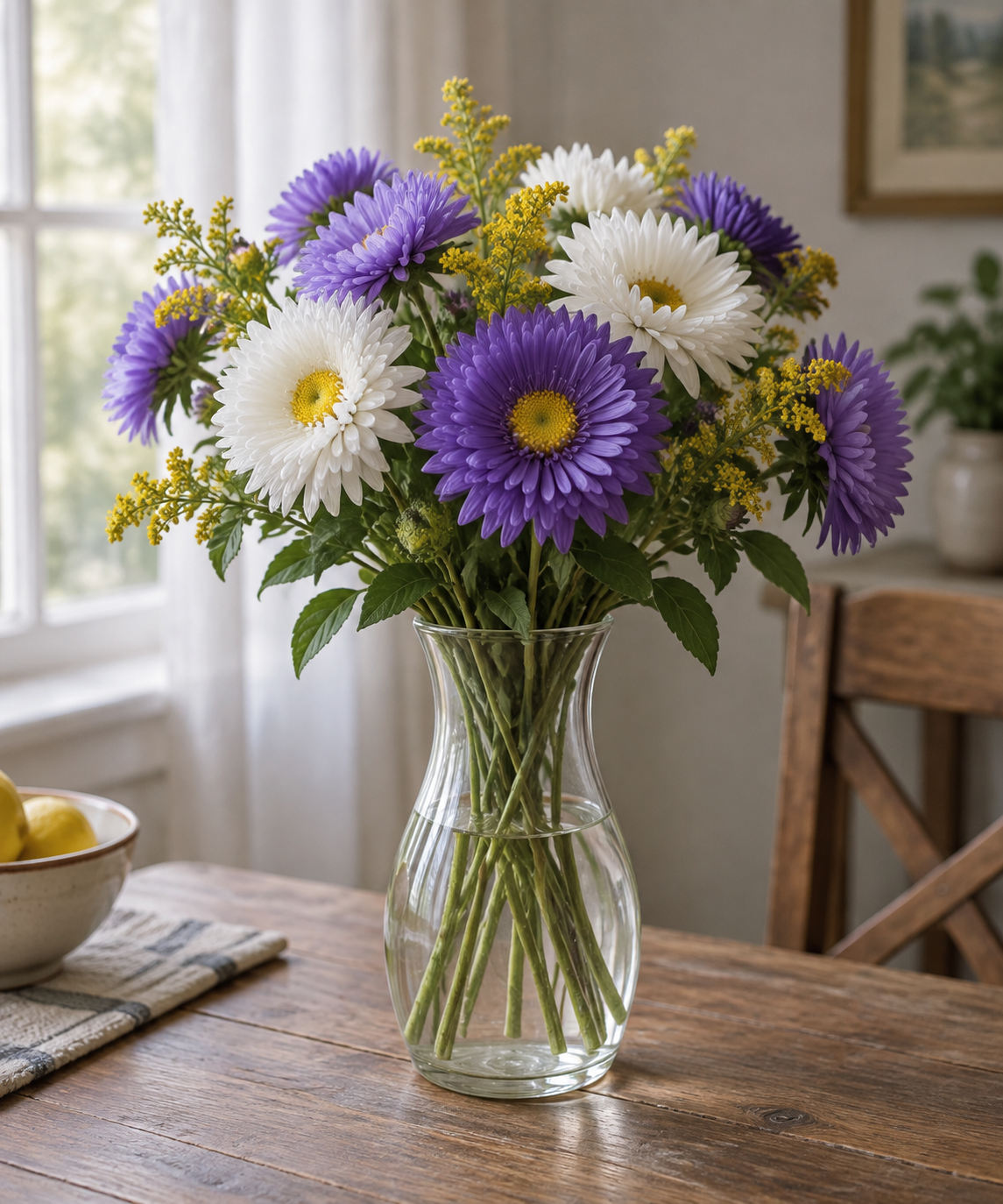 Artificial violet asters with golden accents in a glass carafe
