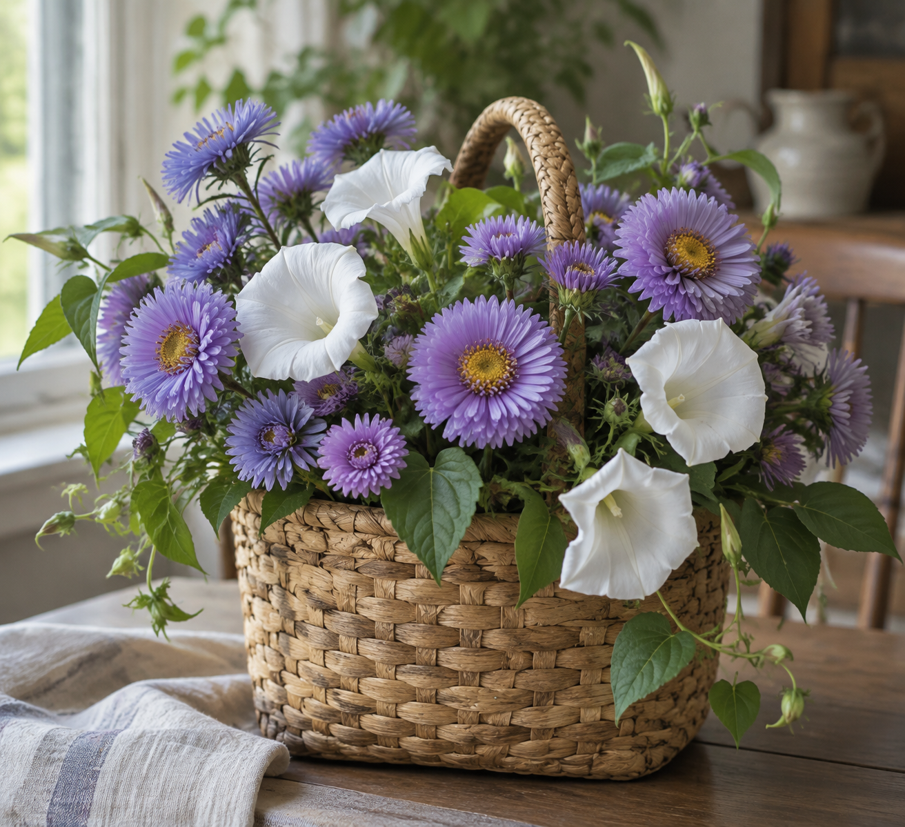 Artificial purple asters and white morning glories in a basket
