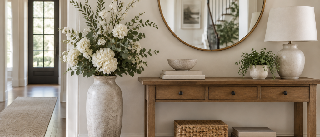 Tall silk flower arrangement in a floor vase beside an entryway console in natural light