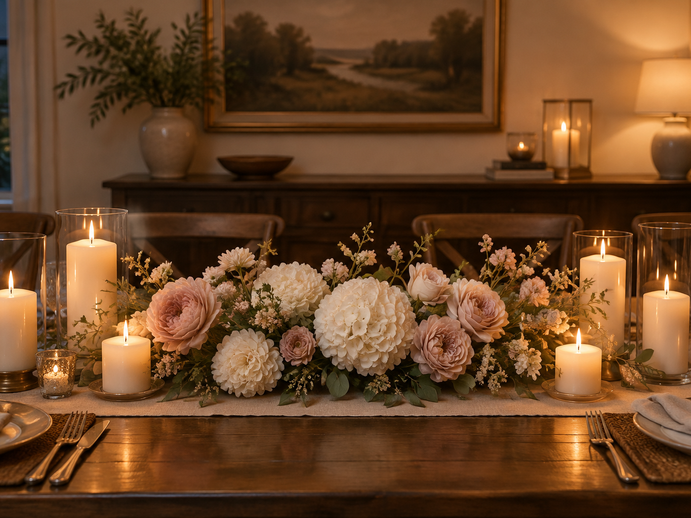 Low silk flower centerpiece running down a dining table with candles