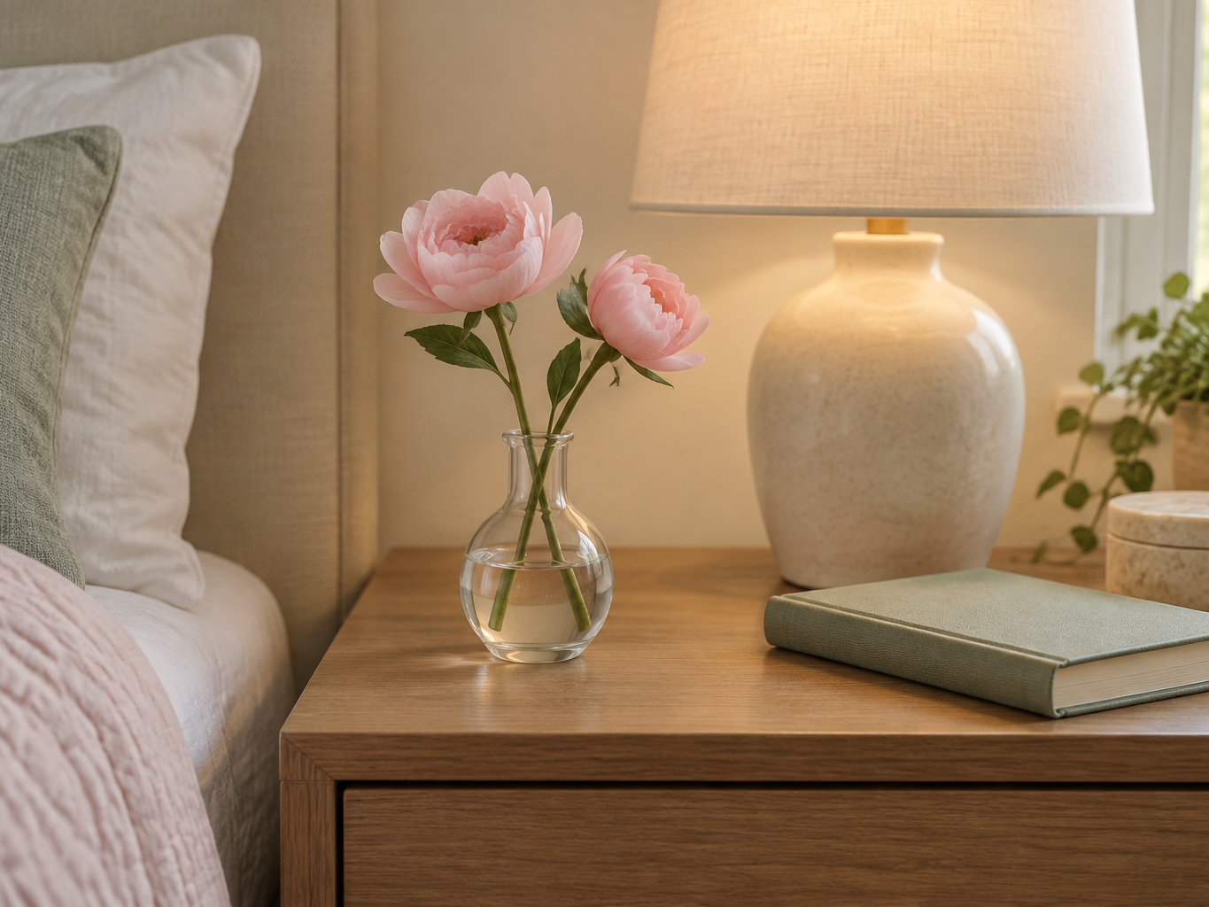 Small bud vase with two silk stems on a bedroom nightstand beside a lamp
