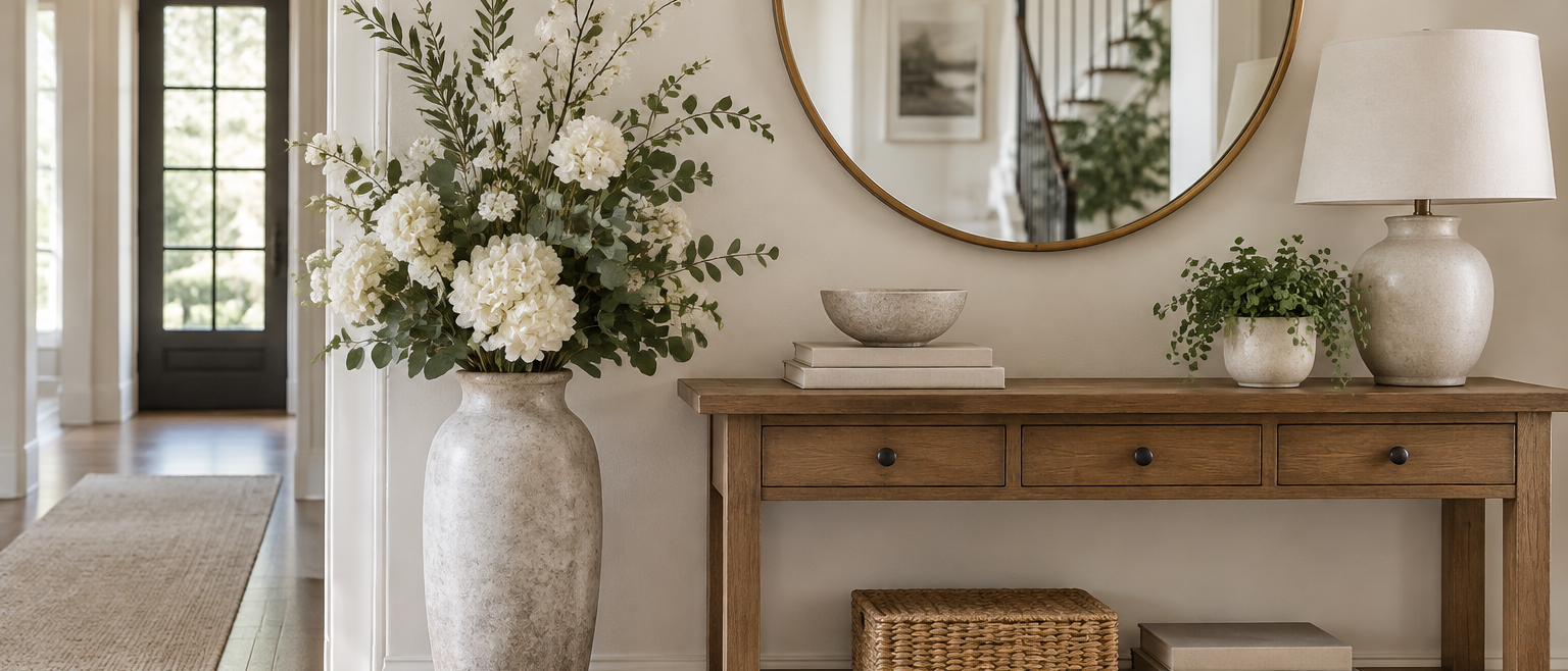 Tall silk flower arrangement in a floor vase beside an entryway console in natural light