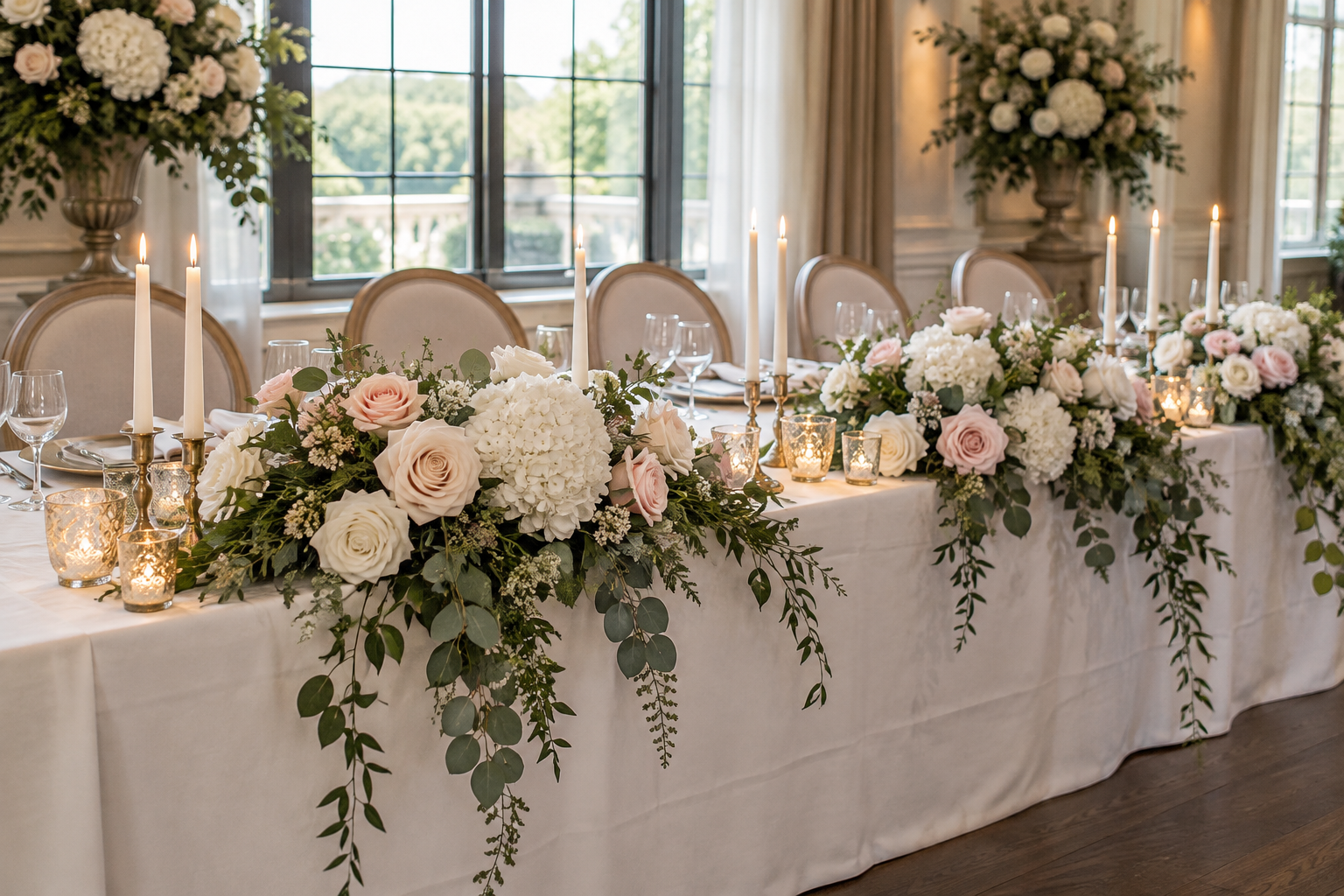 Head table with artificial roses, hydrangeas and taper candles