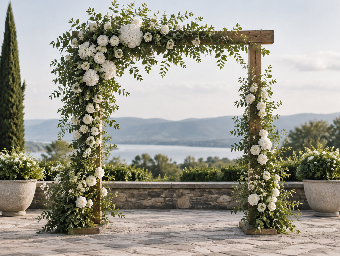 Garden ceremony arch with artificial greenery and white blooms