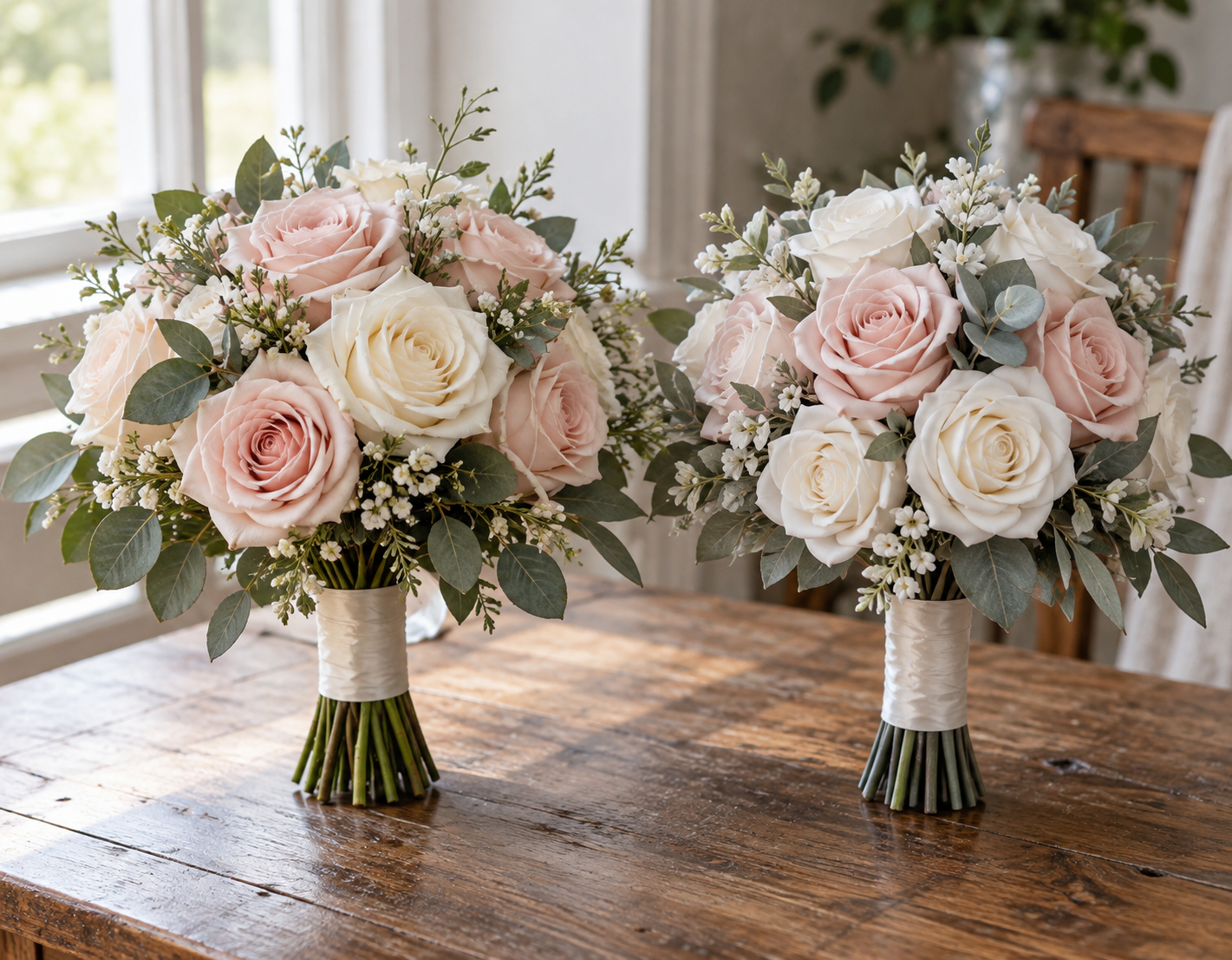 Two similarly styled rose bouquets side by side on a table