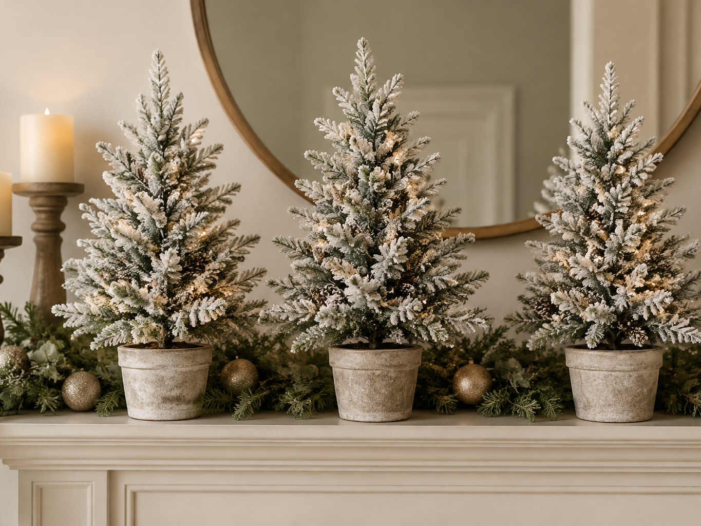 Row of three small flocked Christmas trees along a mantel