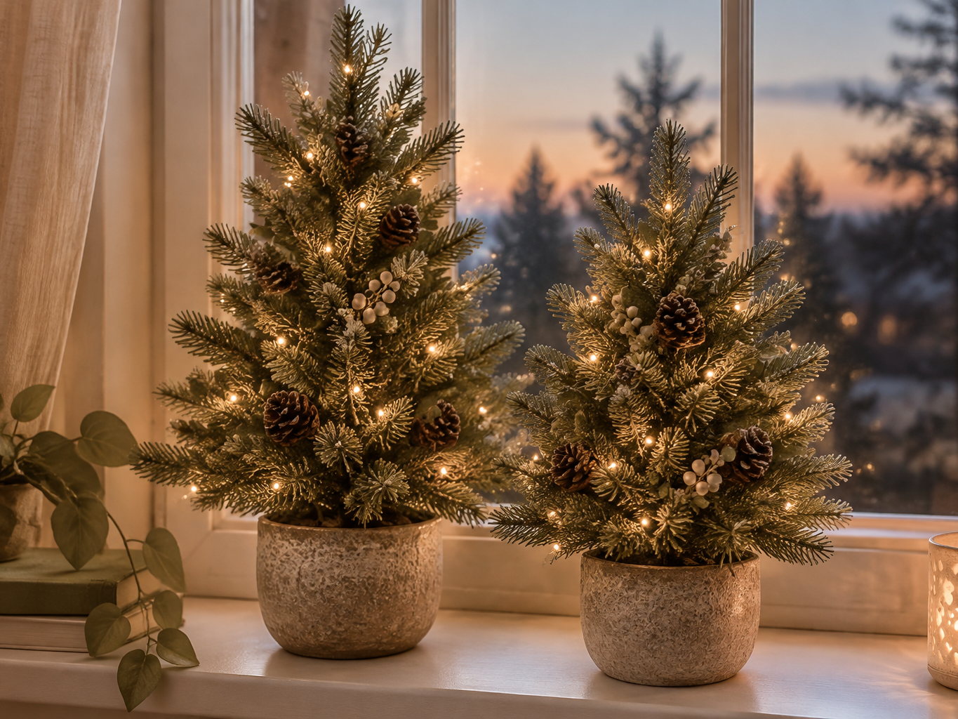 Pair of small pre-lit Christmas trees on a windowsill at dusk