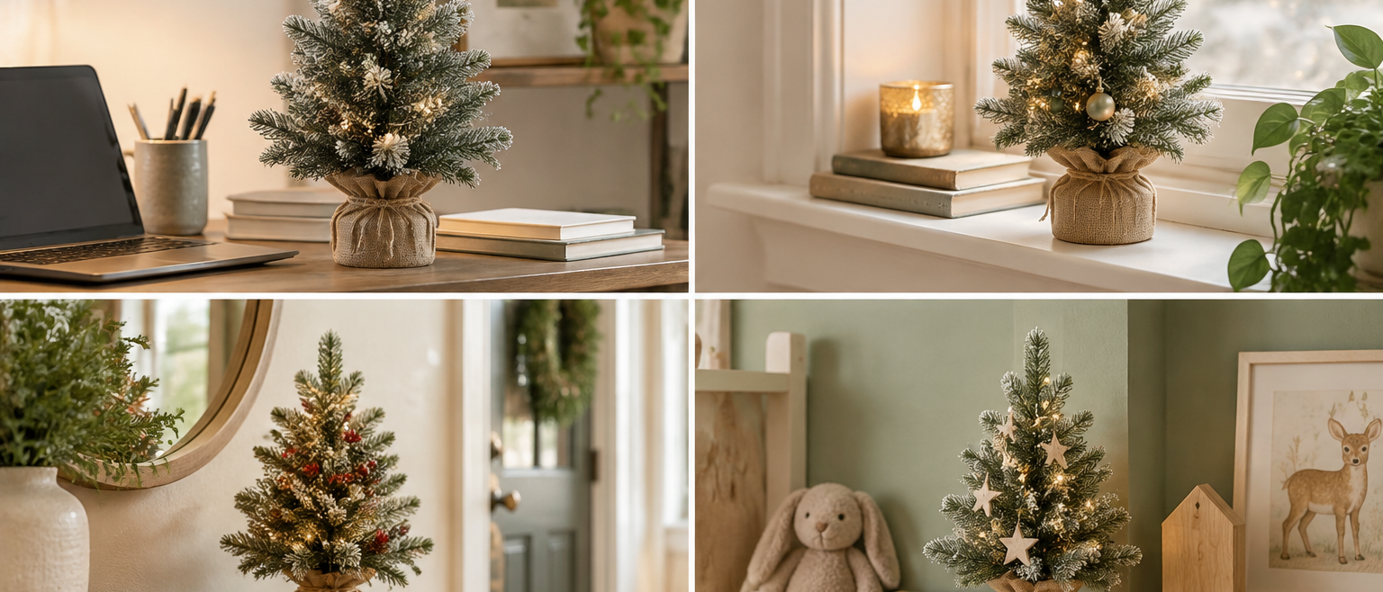 Four small artificial Christmas trees styled on a desk, windowsill, entry table, and kids room shelf