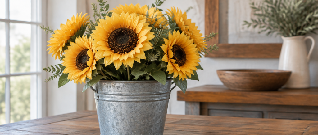 Artificial sunflowers with golden petals in a galvanized bucket