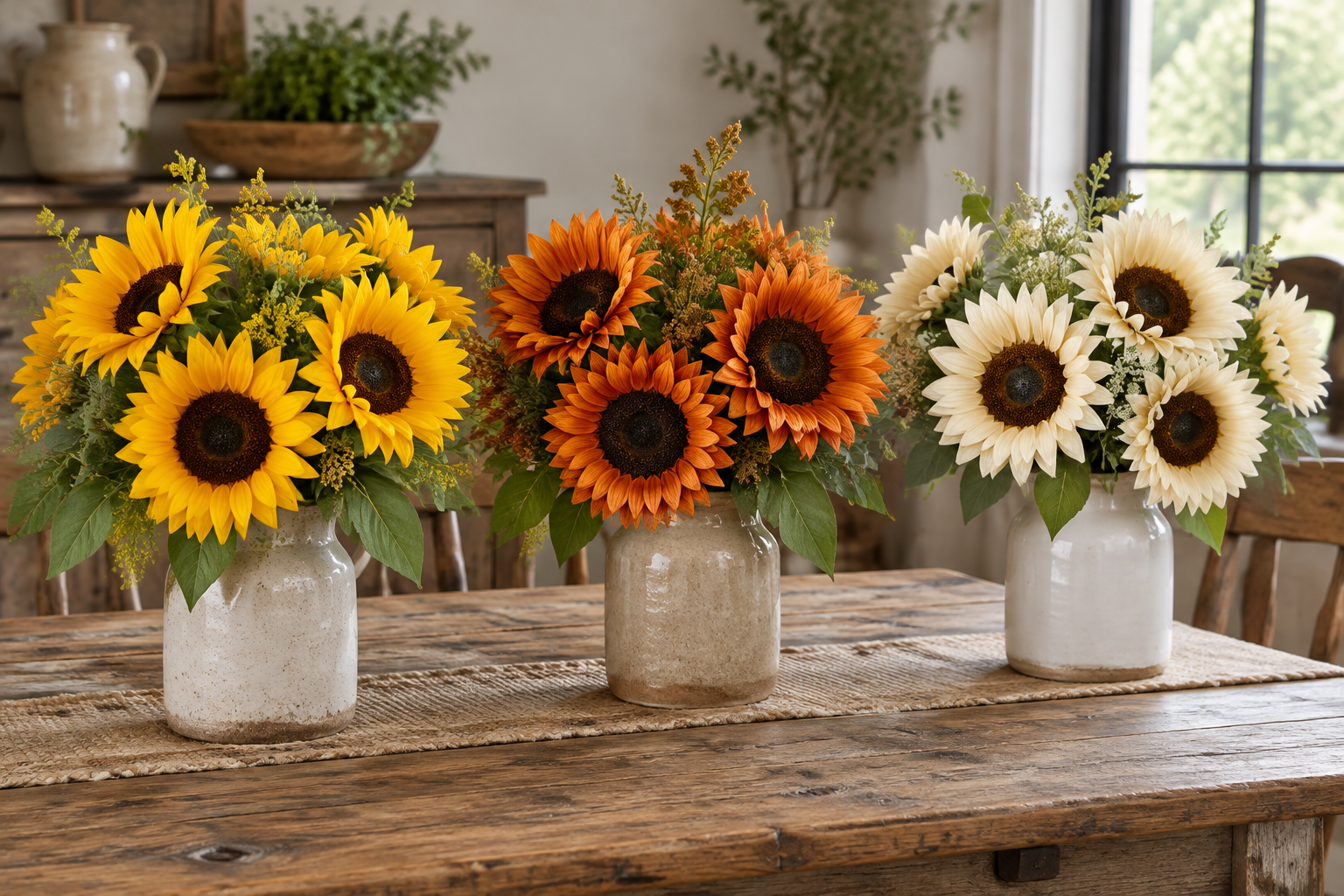 Artificial sunflowers in yellow, orange and cream on a farm table