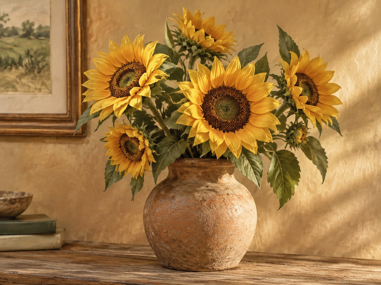 Sunflowers in a rounded earthenware vase against a warm wall, a Van Gogh style still life