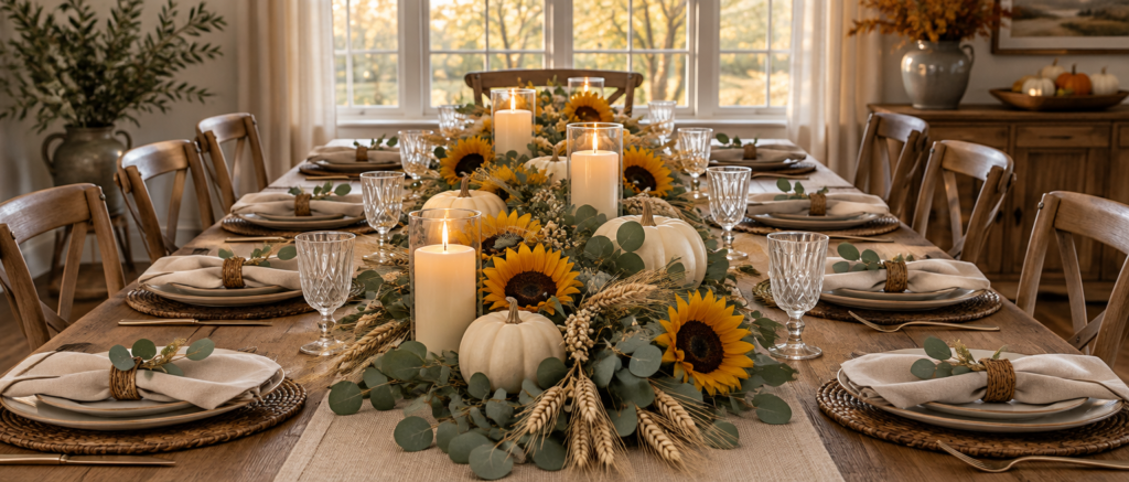 Thanksgiving table with artificial sunflowers, marigolds and candles down a wooden runner