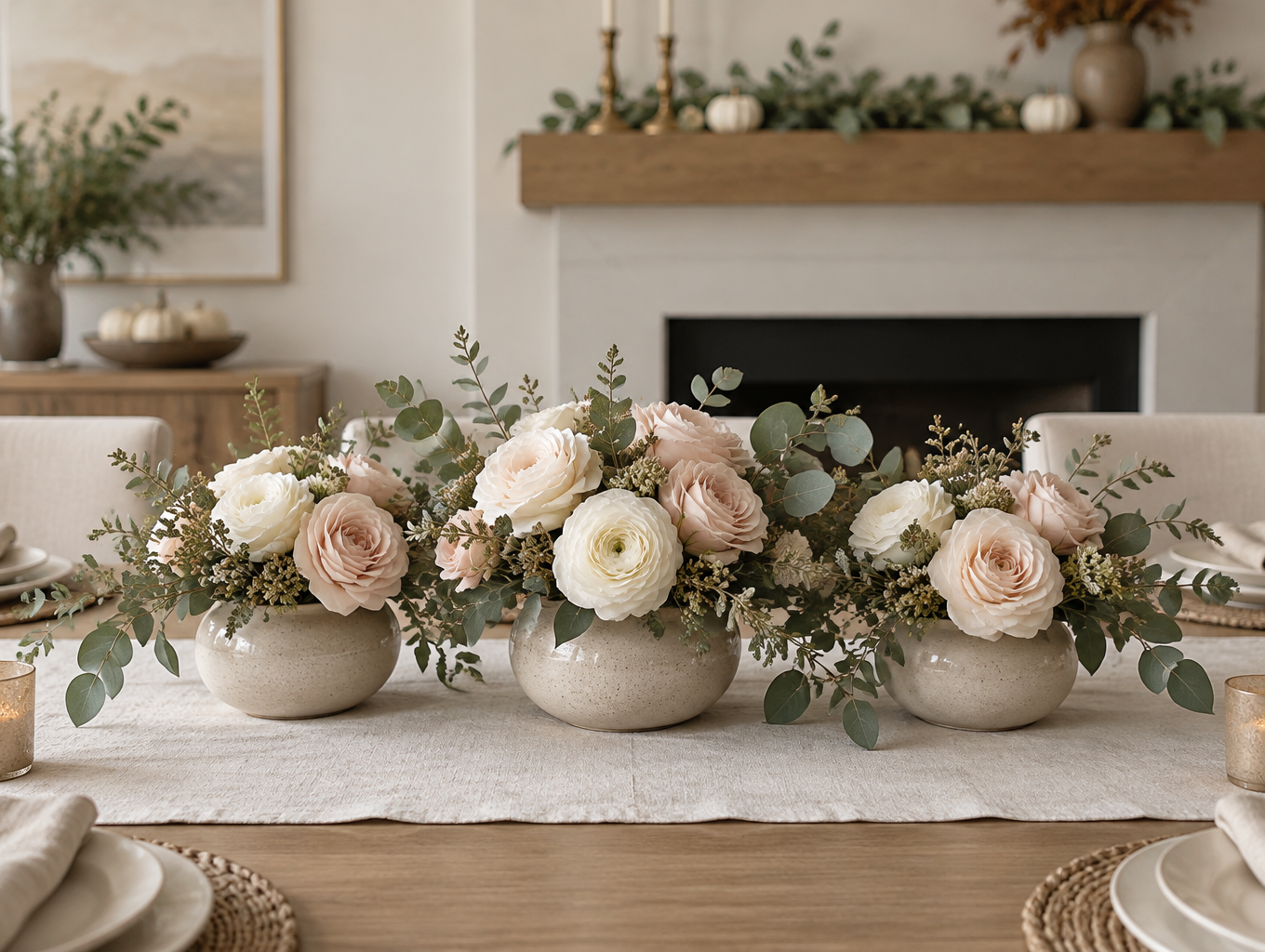 Modern neutral Thanksgiving centerpiece with cream and blush artificial flowers in low vases