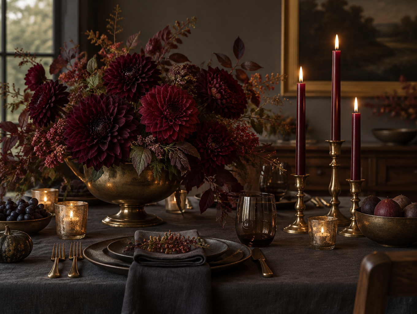 Moody burgundy Thanksgiving table with dark artificial dahlia arrangement and taper candles
