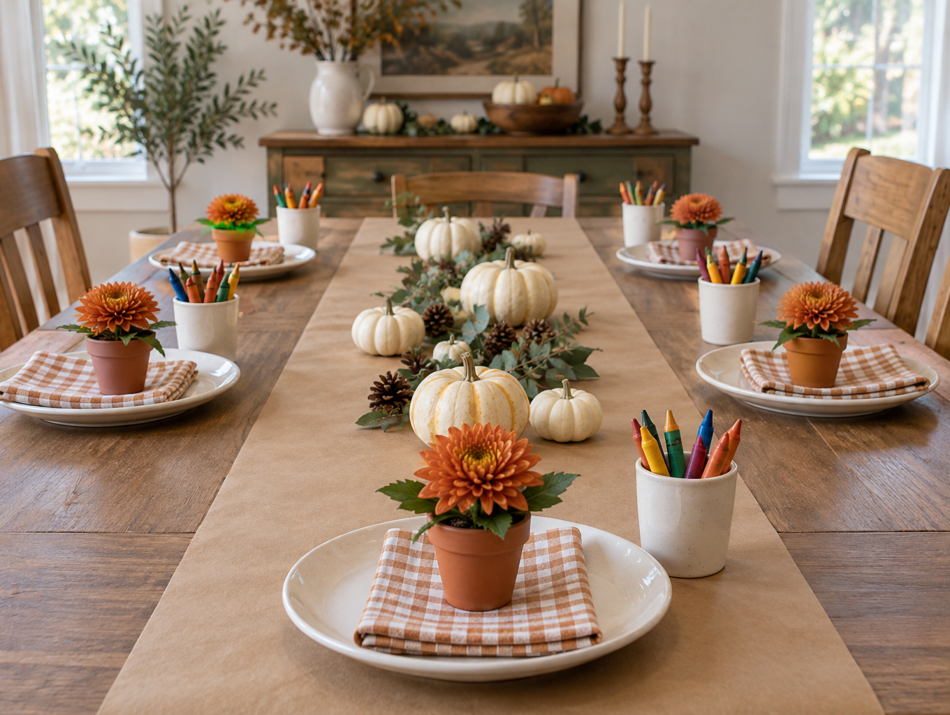Kids Thanksgiving table with small artificial flower pots and mini pumpkins at each place setting