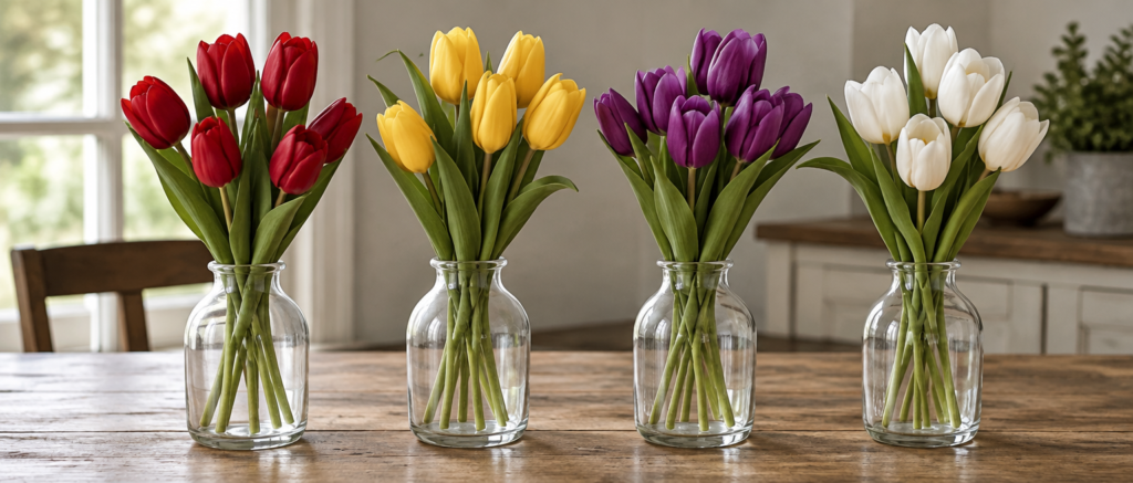 Artificial silk tulips in red, yellow, purple and white in glass bottles