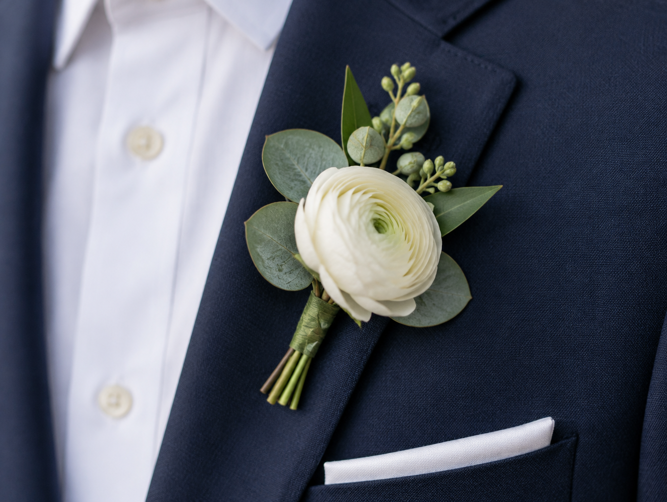 Artificial ranunculus boutonniere on a navy lapel