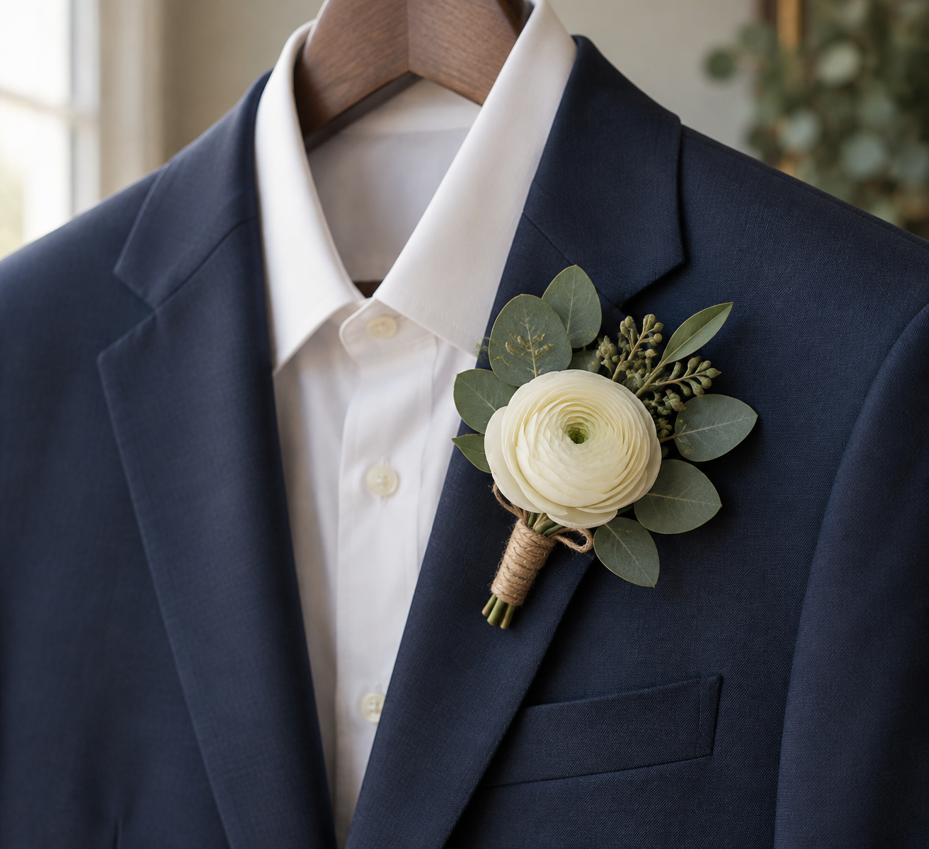 Artificial ranunculus boutonniere on a navy lapel