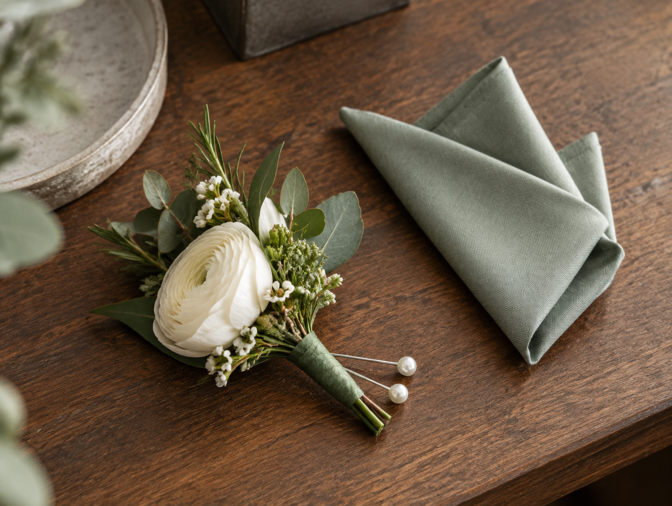 Boutonniere with pearl pins and pocket square on a table