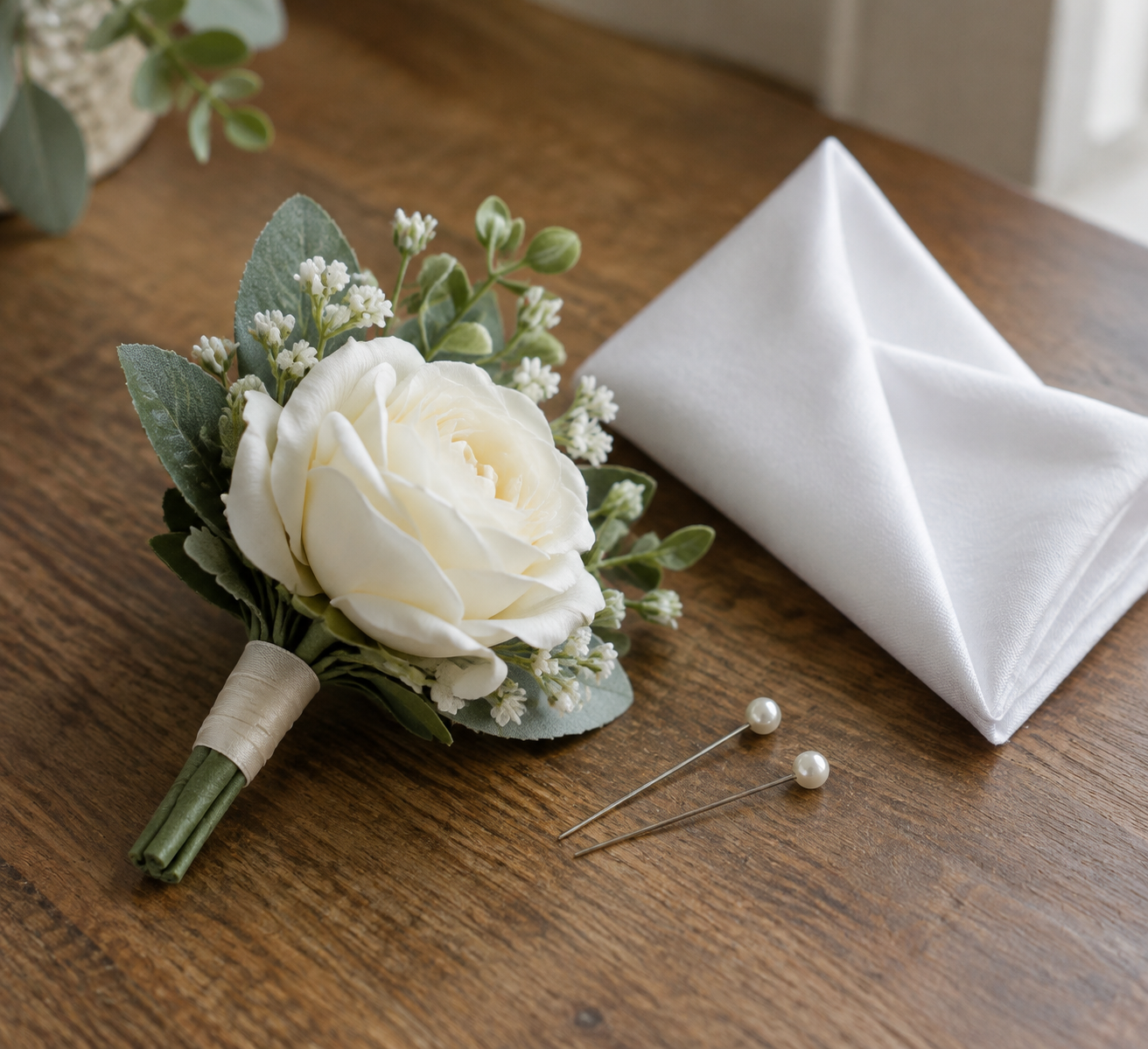 Boutonniere with pearl pins and pocket square on a table