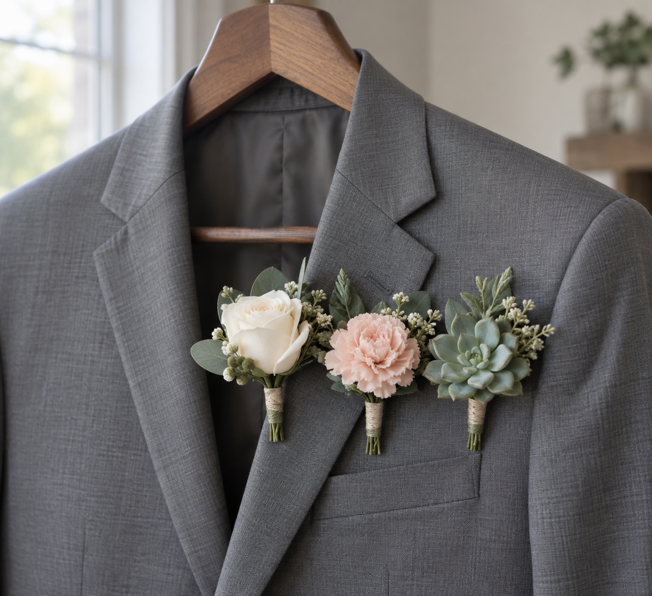 Three artificial boutonnieres pinned to a grey suit on a hanger