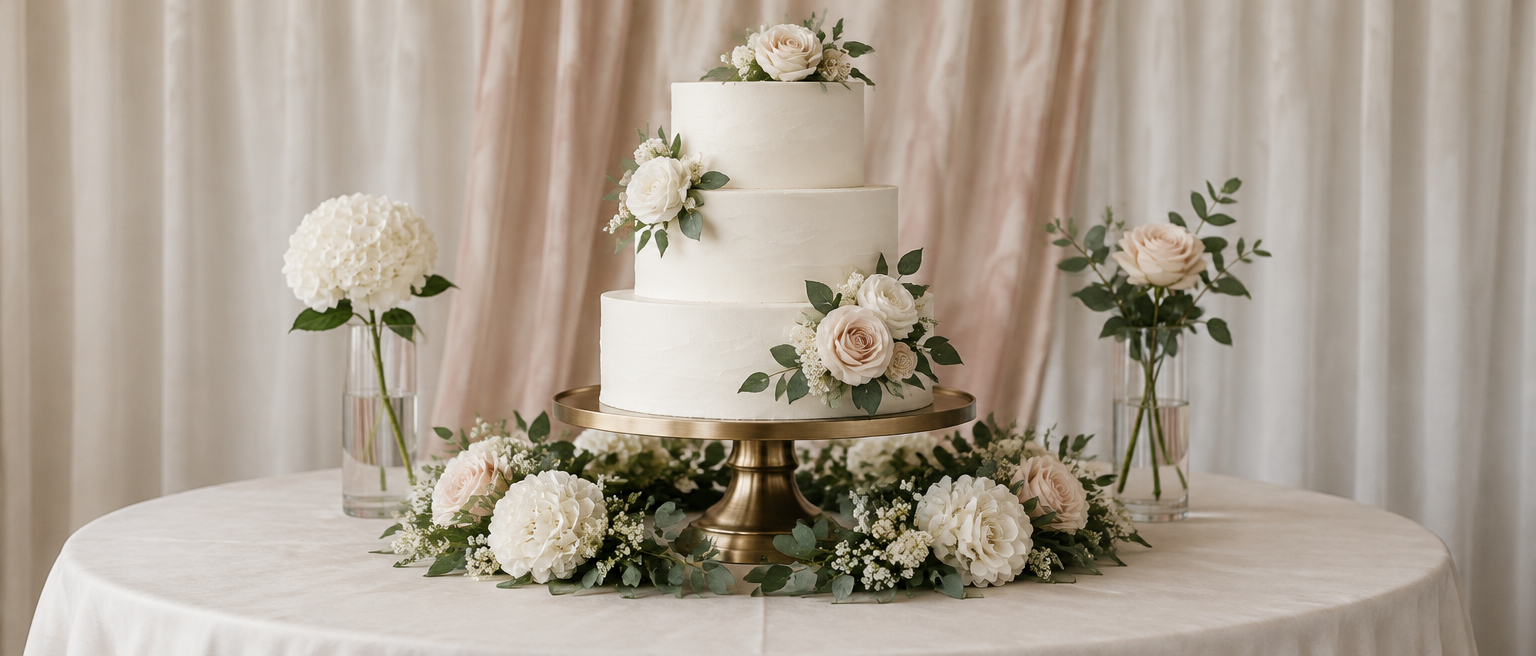 Wedding cake table with white artificial flowers, cylinder vases and a fabric backdrop