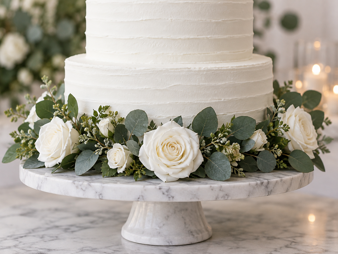 Artificial flower garland woven around the base of a white wedding cake