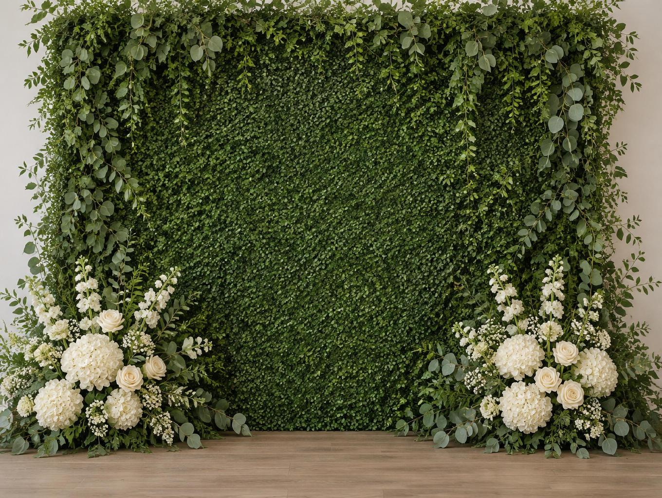 Cake table backdrop panel with greenery and cream flower clusters at the edges