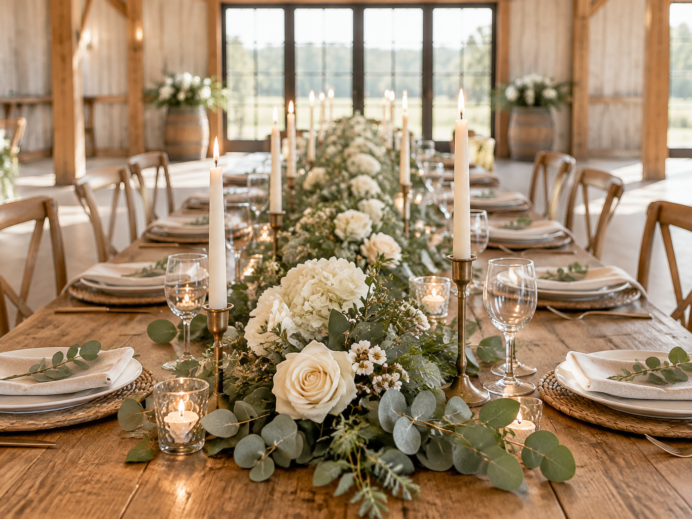 Low artificial flower runner of greenery and cream blooms down the middle of a long table with candles