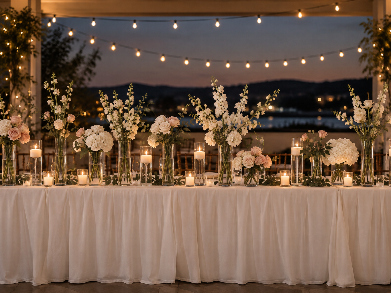 Mixed-height cylinder vases with artificial stems on a head table with string lights